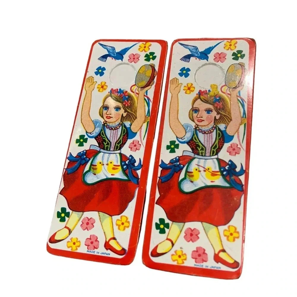 Set of 2 vintage tin New Years Eve noise makers ratchet Japan lady in dirndl